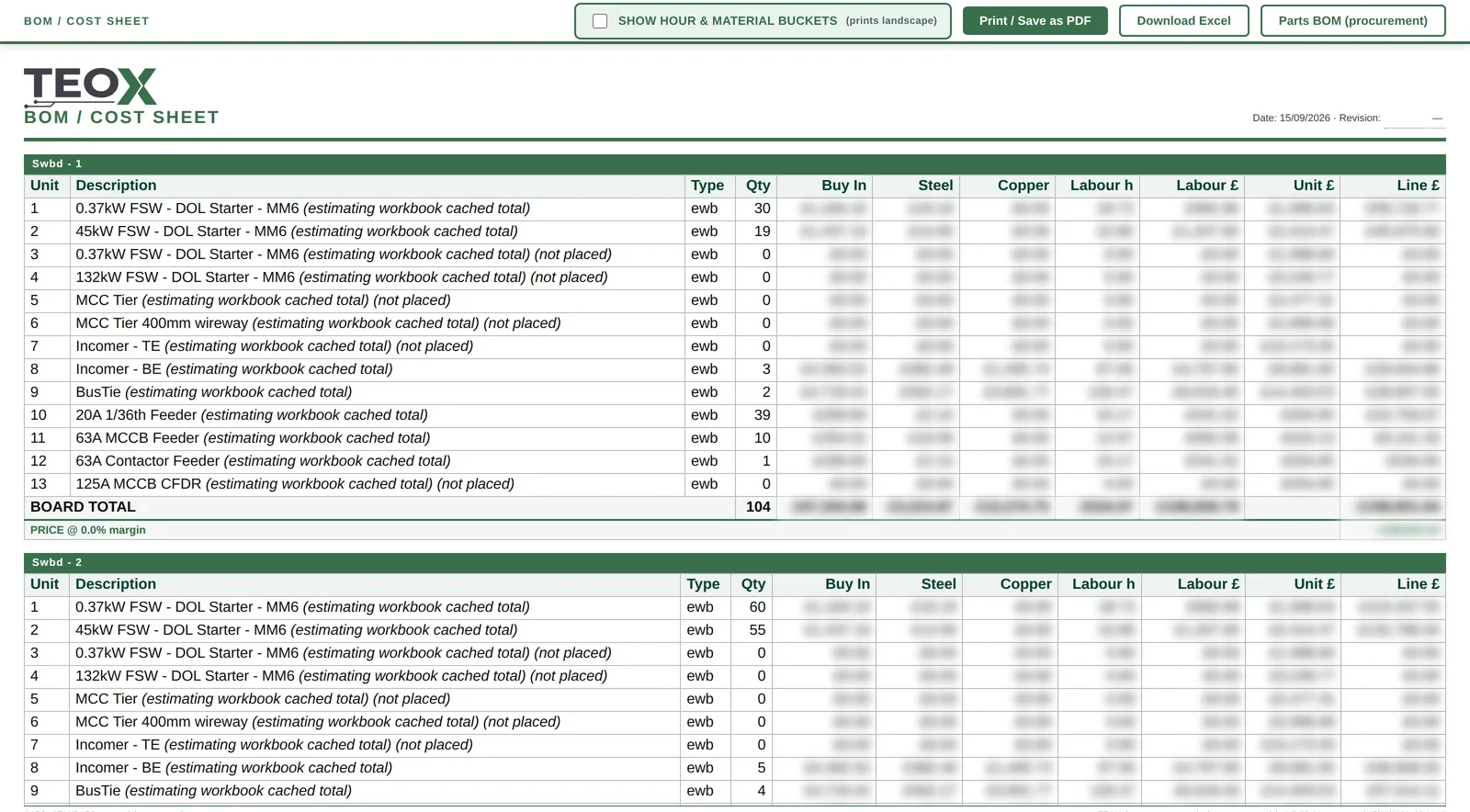 Priced bill of materials generated automatically from the estimating costing workbook