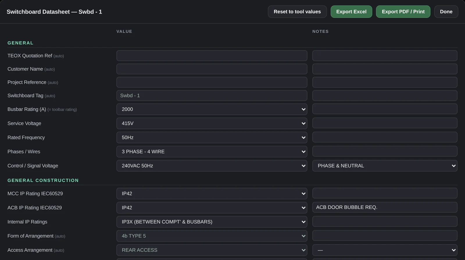 Switchboard technical datasheet completed automatically from the unit selections, ready for the quotation pack