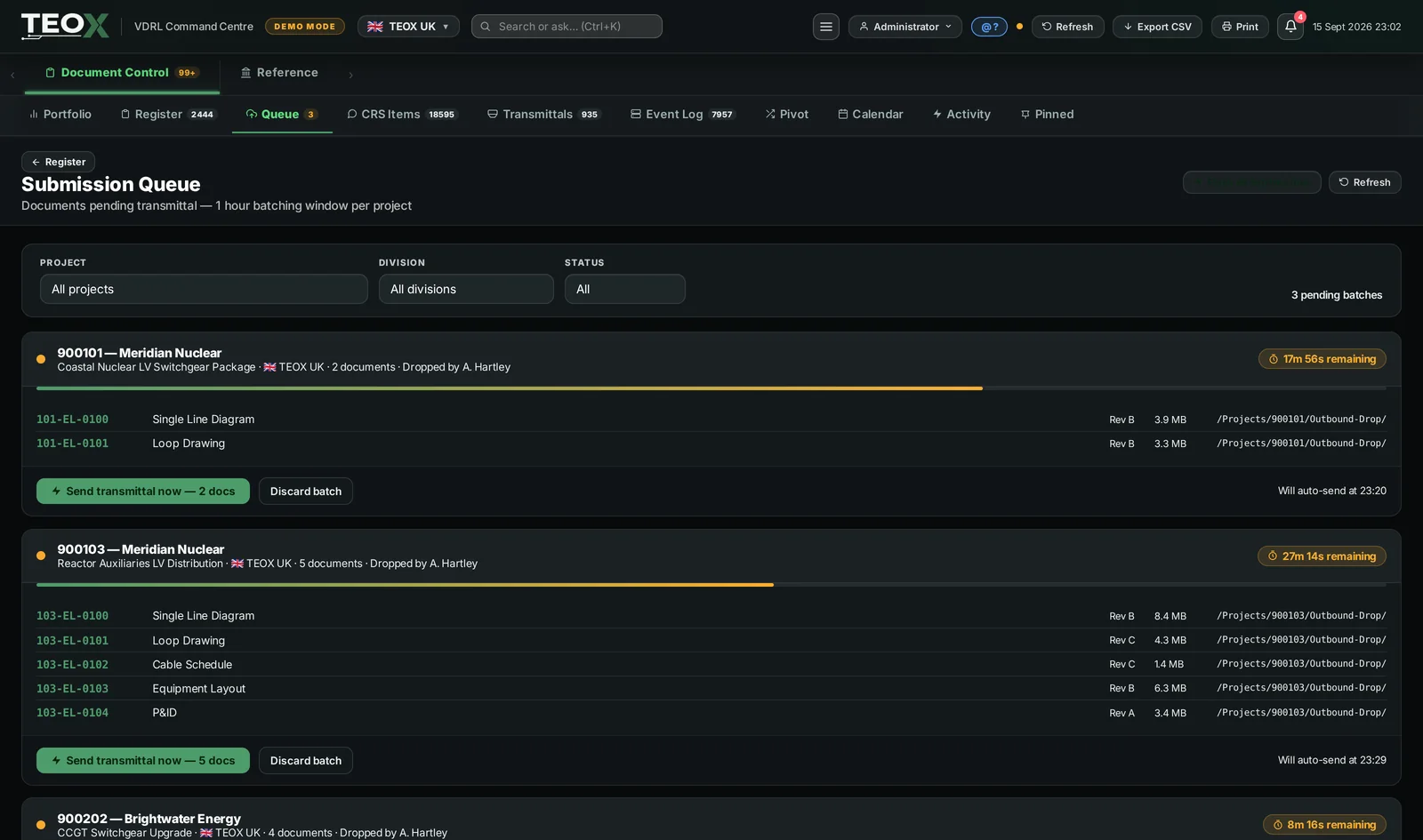 Submission queue batching documents per project on a one hour window, with auto-send times and no manual transmittal building