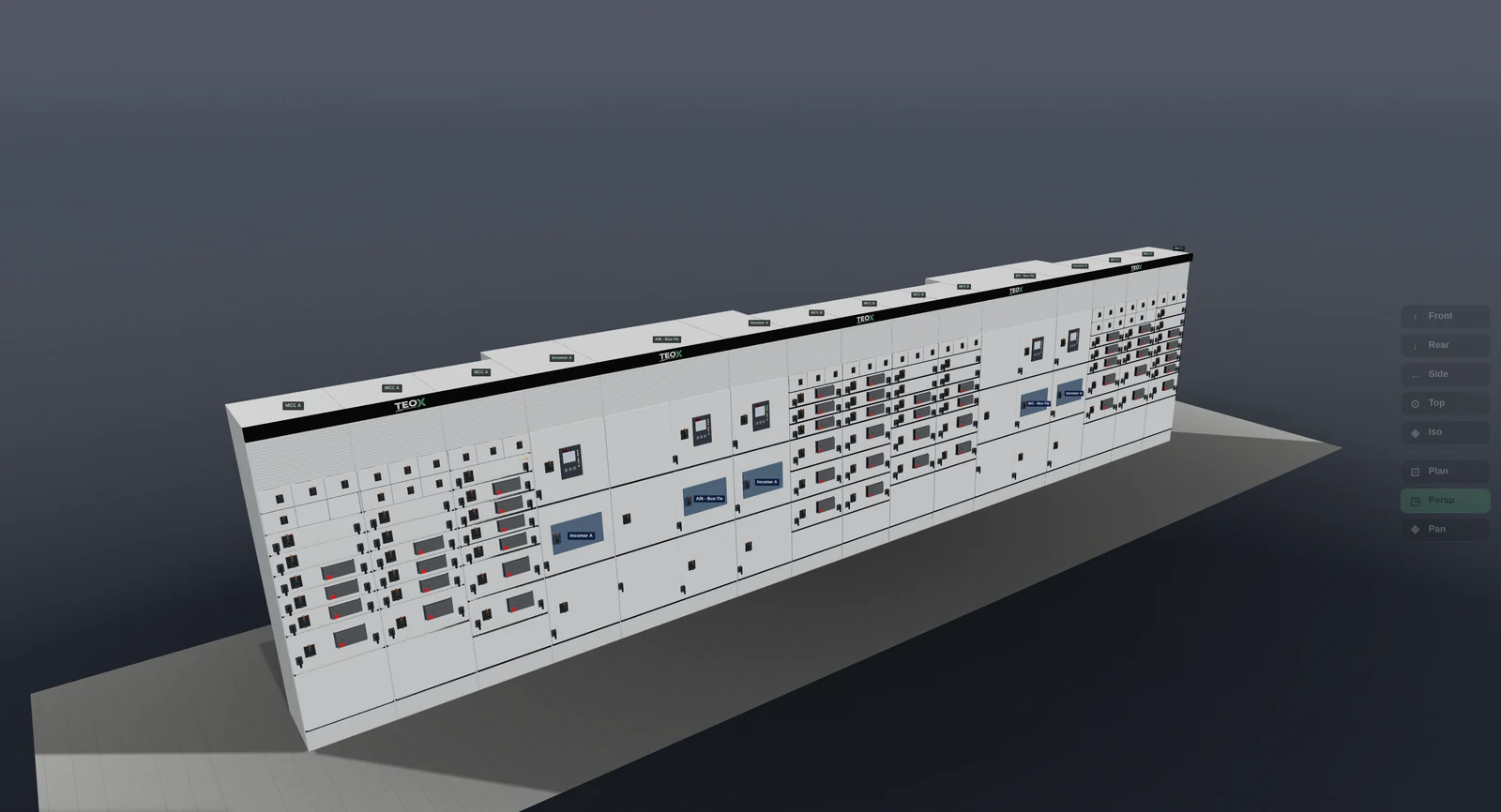 Photoreal 3D isometric view of the generated switchboard, produced in the browser with no CAD seat