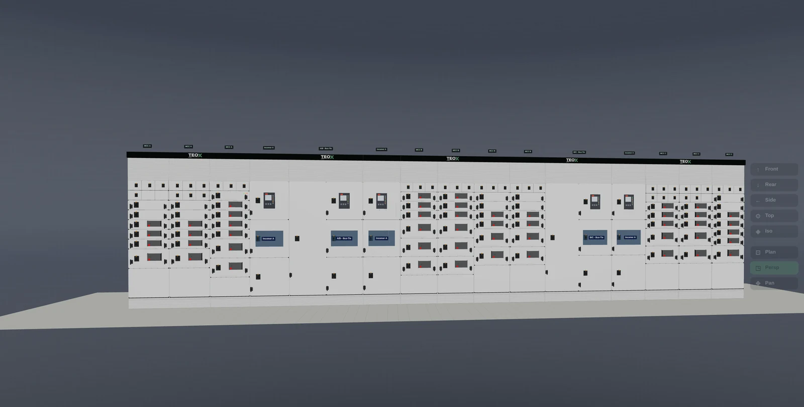 3D front view of the switchboard showing every compartment, instrument and door as configured