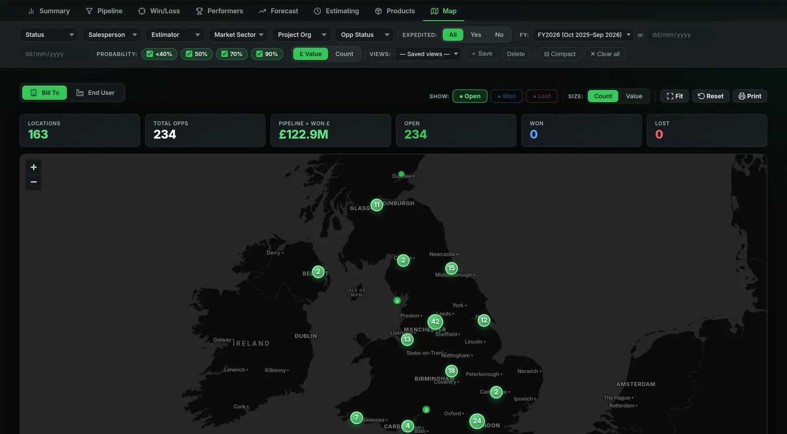 Open pipeline mapped by bill-to location, from the same CRM export